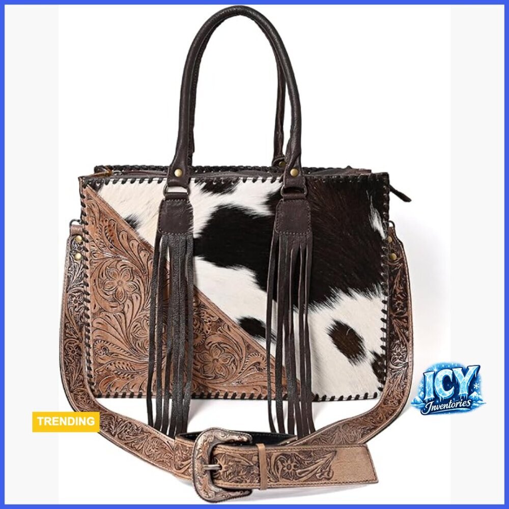 Genuine Cowhide Leather Handbag with Adjustable Strap and Fringe